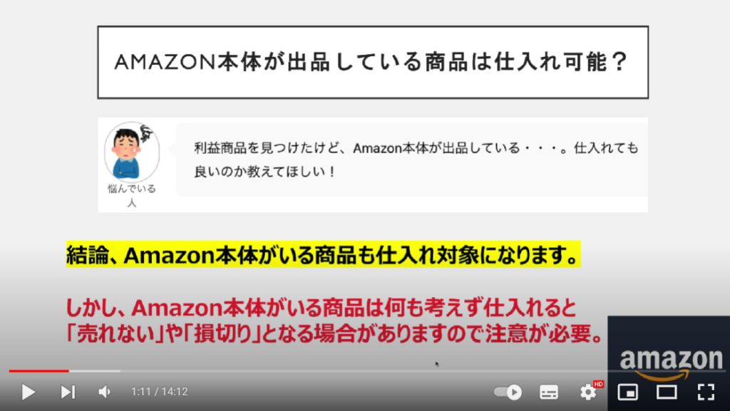 Amazon本体が出品している商品は仕入れ可能なのかどうかの説明をしている場面。疑問点と結論が表示されている。