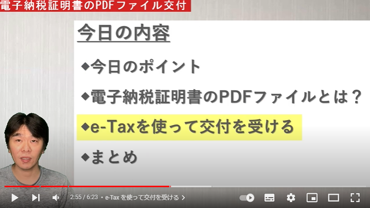 e-Taxでの申請方法を説明している様子。左下に税理士の方が映し出されている。画面中央に「e-Taxを使って交付を受ける」と記載されている。