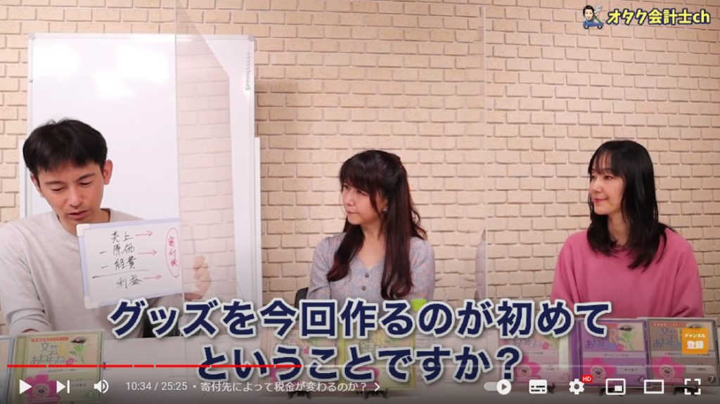 山田さん、井上さん、田中さんが座って話している場面。「グッズを今回作るのが初めてということですか？」とテロップが出ている。