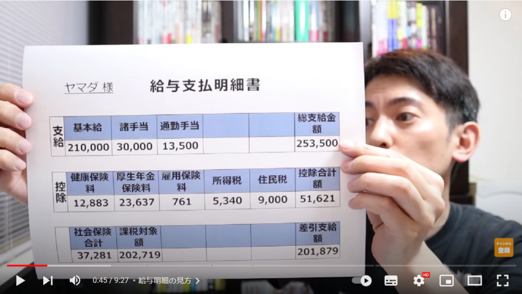 給与明細について解説している場面。山田さんは、給与明細のサンプルが書かれた紙を手に持っている。