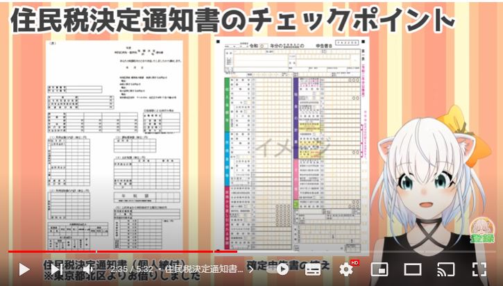 右下に女の子のイラスト。上には、住民税決定通知書のチェックポイント文字で記載。その下に、住民税決定通知書と確定申告書の控えがうつっている画面。